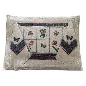 Vintage Stevens Linen Placemats Napkins Cup Towel Original Packaging Butterflies